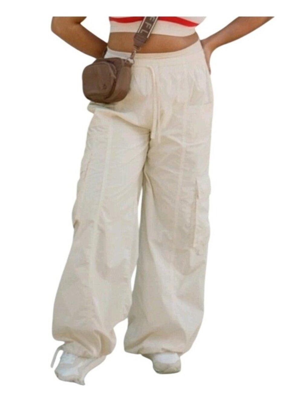 Aerie High Waisted Go For It Baggy Cargo Pants Cream Parachute Pants Y2K Utility